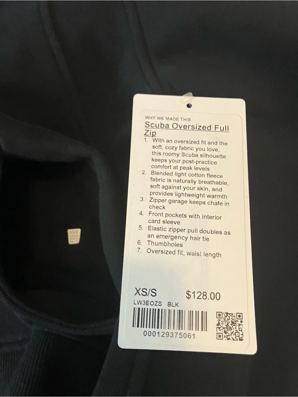 NWT Lululemon Scuba Oversized Full-Zip Hoodie, XS/S, BLACK